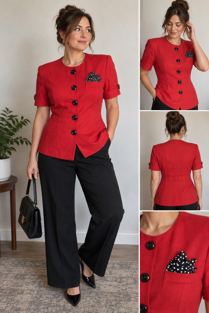 Vintage Danny & Nicole Size 12 Red Short Sleeve Blazer Polka Dot Scarf